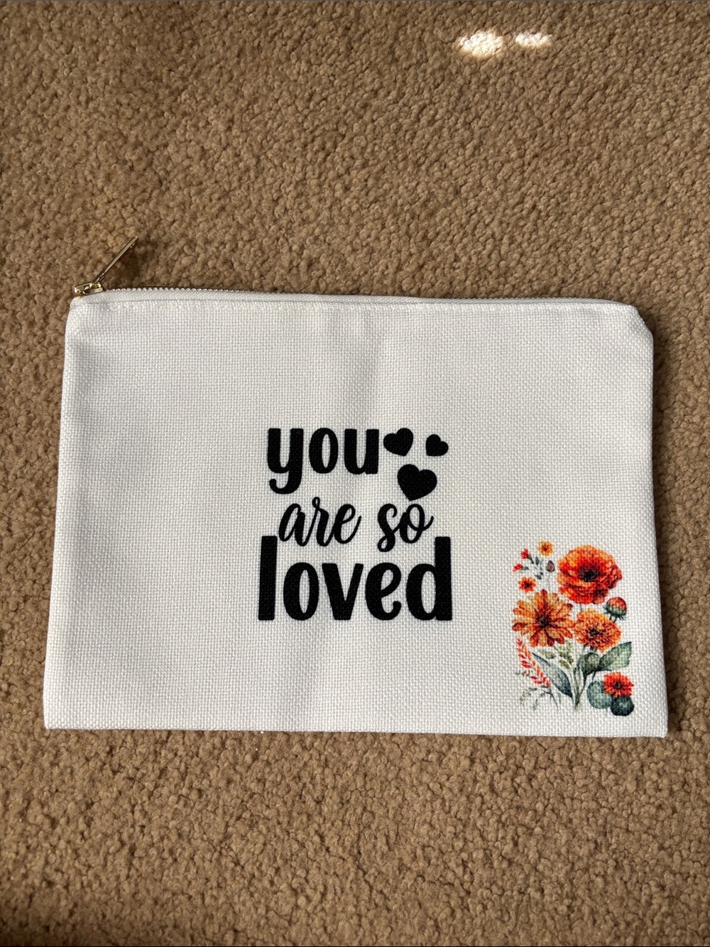 NWOT You Are So Loved White Cosmetic Bag with Floral Accent